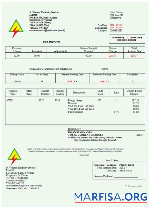 Printable Saint Vincent and the Grenadines St. Vincent Electricity Services Limited utility bill Word and PDF template